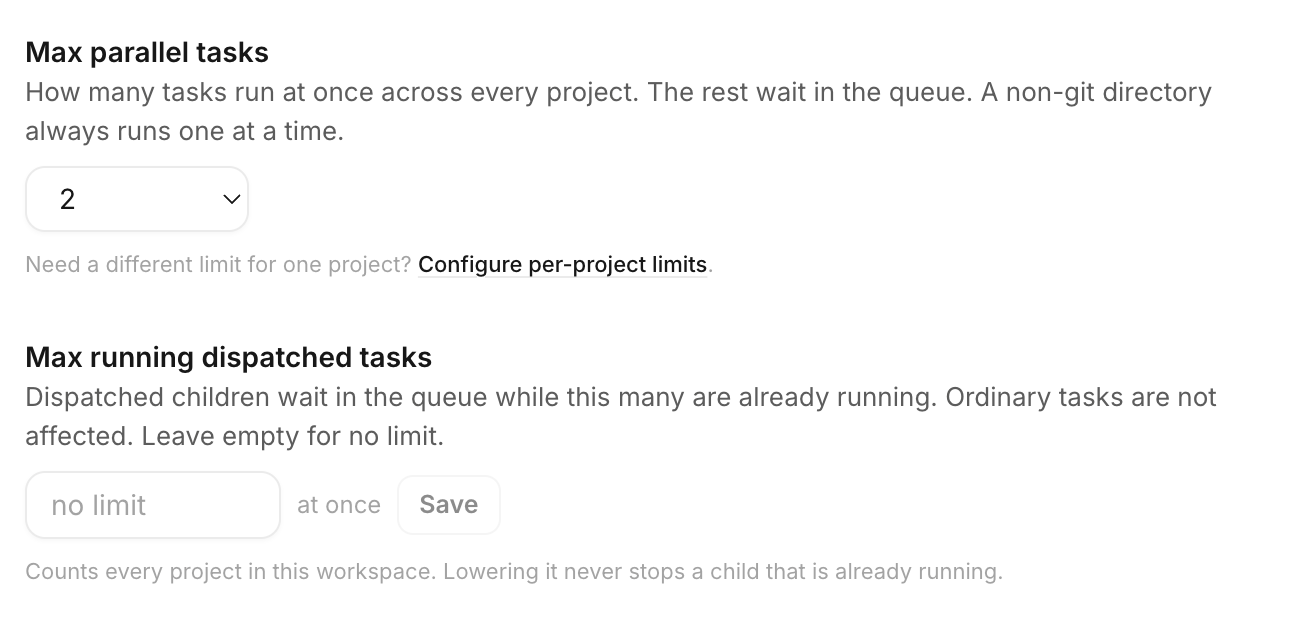 Cezar's Resources panel with a manual limit on dispatched tasks