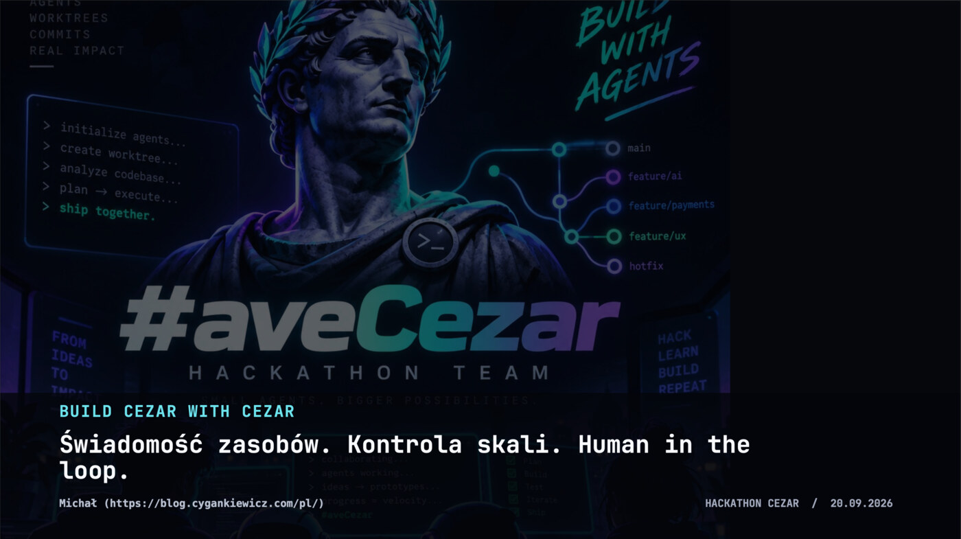 Key visual of the #aveCezar hackathon: a statue of Caesar in a dark, technical style, the #aveCezar wordmark and the line Build Cezar with Cezar