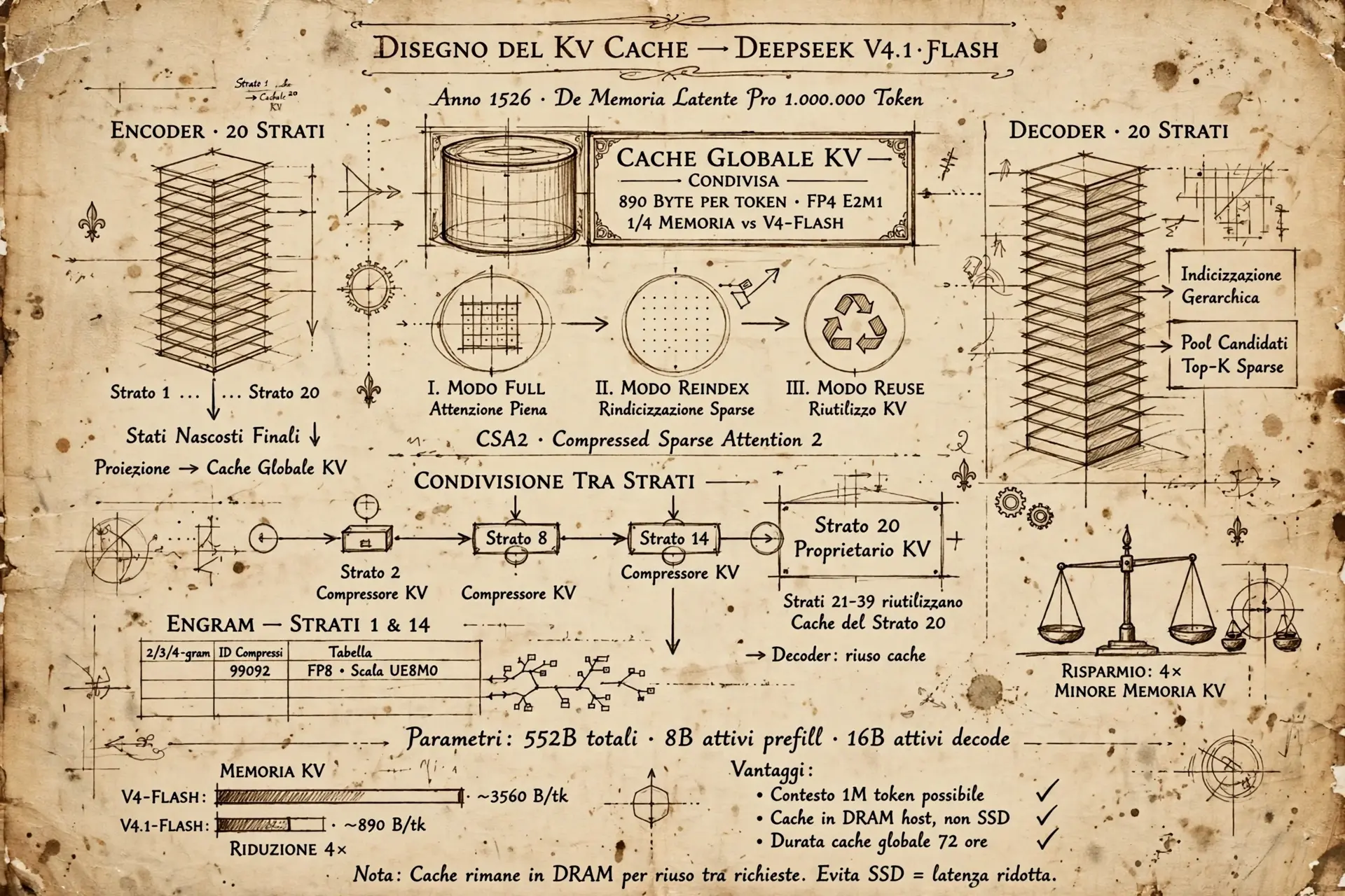 A Renaissance-style technical sketch of DeepSeek V4.1 Flash KV cache compression.