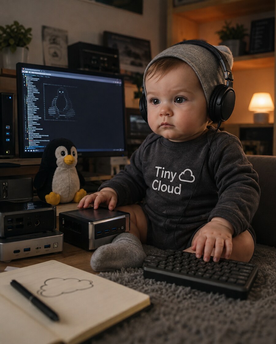 A playful tiny-cloud concept image with a very young operator, Linux penguin and tiny machines.