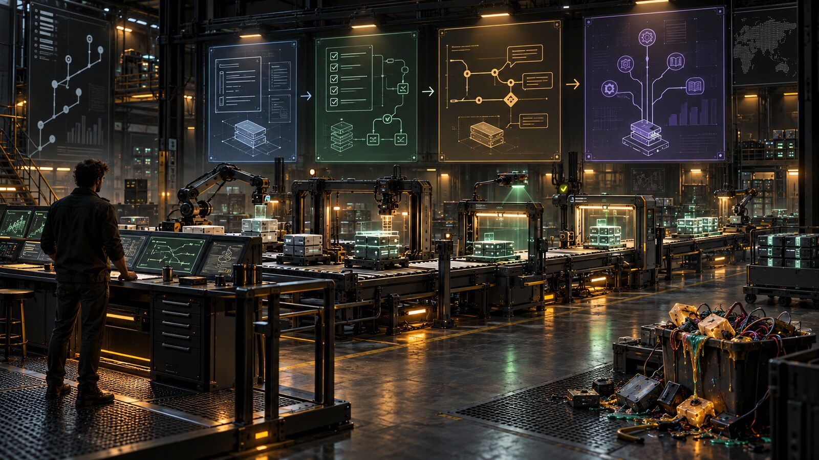 Editorial illustration of a dark software factory floor: a human operator stands at a control console while automated lines assemble glowing modular components from blueprint panels, and a bucket of messy scrap sits in the corner.